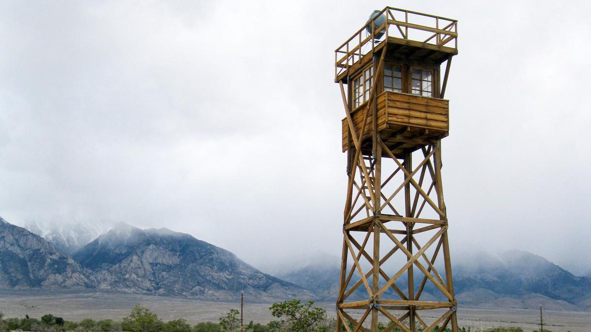 A replica guard tower at the Manzanar internment camp, one of several opened to house more than 100,000 people of Japanese descent forced to relocate by the U.S. government during World War II.
