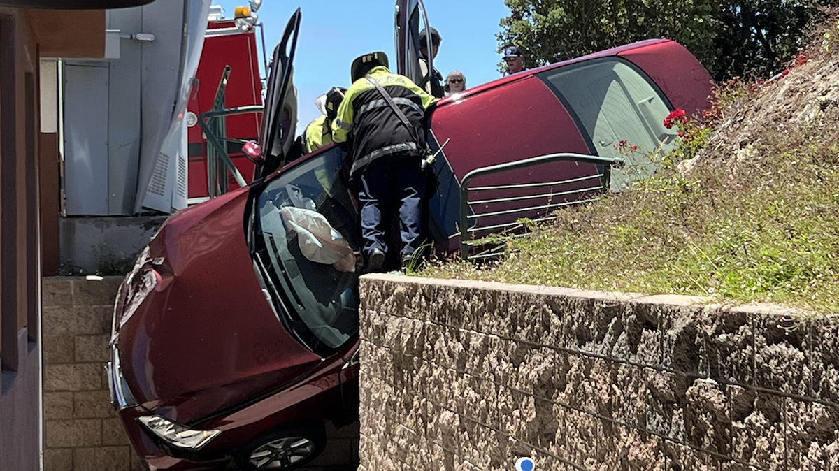 A car drove off the road and landed nose down in the stairwell of the Five Cities Medical Imaging center in Pismo Beach on Friday, July 19, at 12:45 p.m.