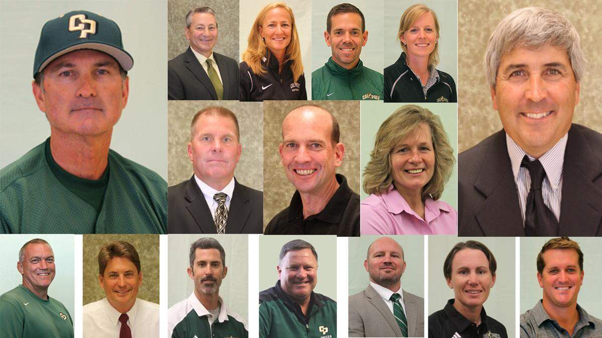 All 16 Cal Poly head coaches (from top left): Larry Lee (baseball), Joe Callero (men's basketball), Jenny Condon (softball), Sam Crosson (volleyball), Sofie Aagaard (women's golf), Scott Cartwright (men's golf), (middle row), Tim Walsh (football), Mark Conover (track and field), Faith Mimnaugh (women's basketball), (bottom row) Alex Crozier (women's soccer), Thomas Milich (swim and dive), Todd Rogers (beach volleyball), Steve Sampson (men's soccer), Jonathan Sioredas (wrestling), Katharina Winterhalter (women's tennis), Nick Carless (men's tennis).