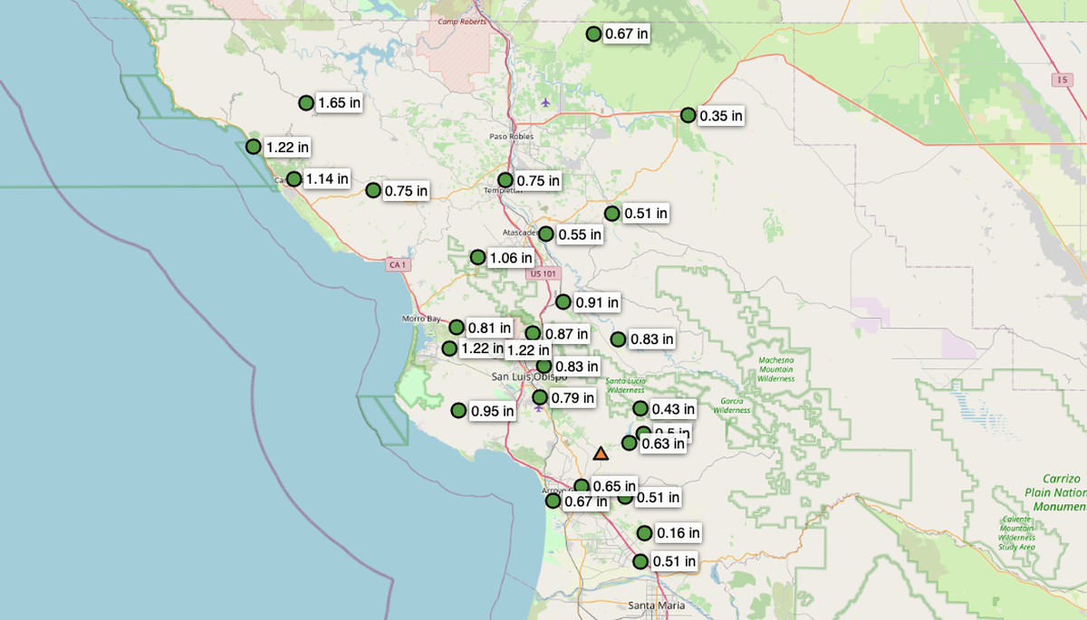 A map from San Luis Obispo County Public Works shows rainfall totals as of 11 a.m. Monday.