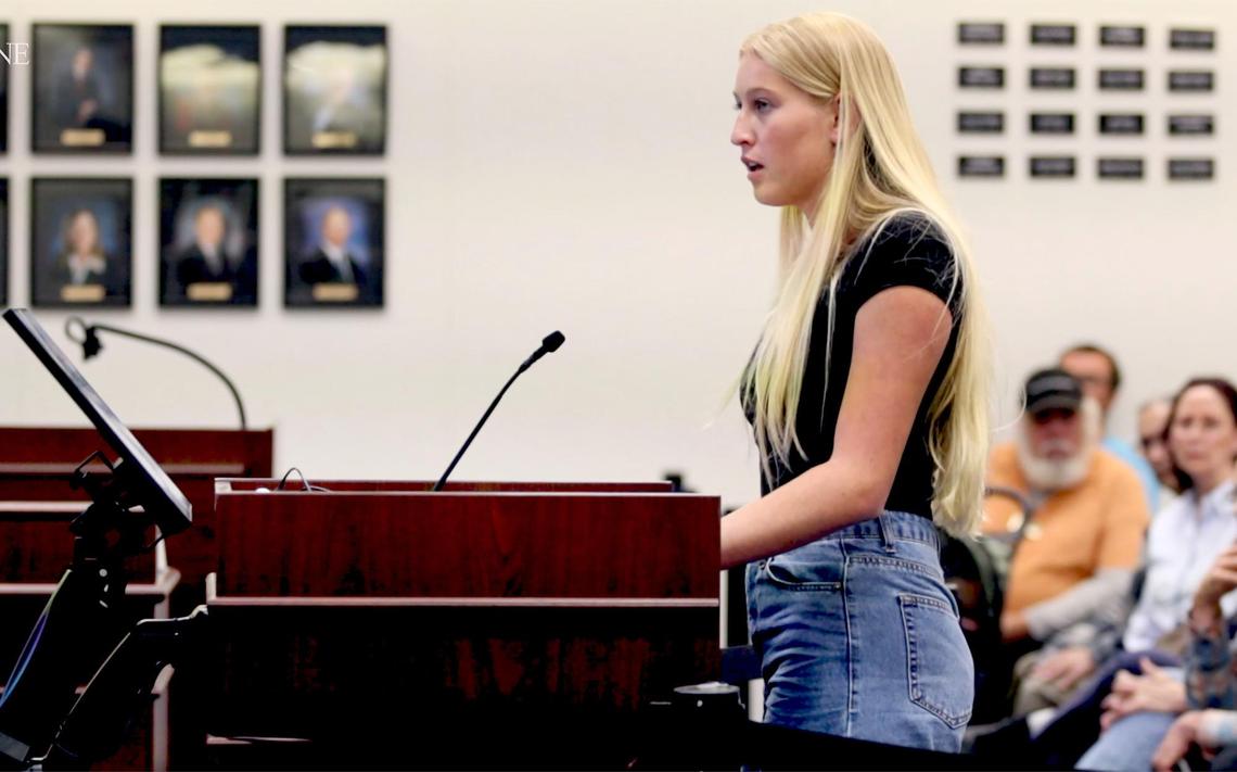 Celeste Duyst, an Arroyo Grande High School student athlete, speaks before a contentious Lucia Mar Unified School District board meeting on May 6, 2025. It kicked off with crowds of people rallying outside the board room over the issue of transgender students’ participation in school sports and use of the bathrooms and locker rooms that align with their gender identities.