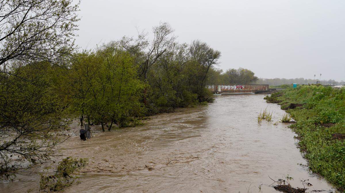Rainwater fills the Arroyo Grande Creek Channel on March 14, 2023, but it didn’t overtop the levee.
