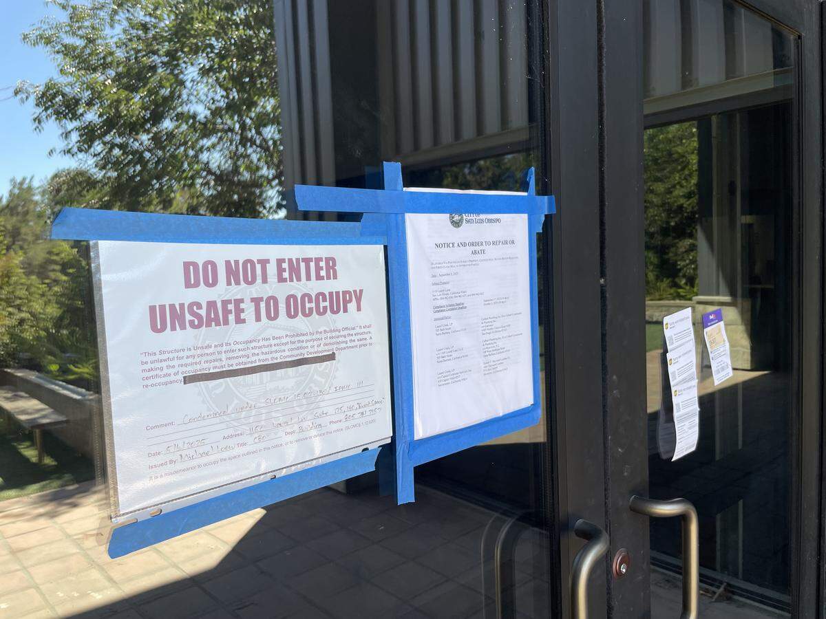 The city says a condemned property at 1150 Laurel Lane in San Luis Obispo has not been repaired and numerous safety concerns were present. Notices posted on a door of the building declare it is unsafe to occupy. The building was home to Bang the Drum Brewery and SLO City Church.