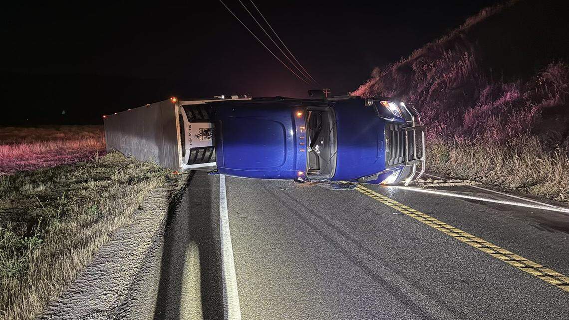 Cal Fire responded to a big rig rollover on Highway 166 near Miranda Canyon Road at around 10:42 p.m. on Tuesday, April 28, 2026.