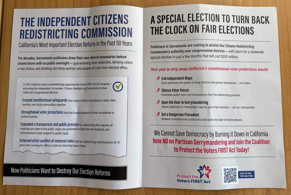 Protect the Voters First Act, a coalition dedicated to defending California’s independent redistricting process, mailed flyers to SLO County residents encouraging people to vote against the redistricting effort in the Nov. 4, 2025, special election.