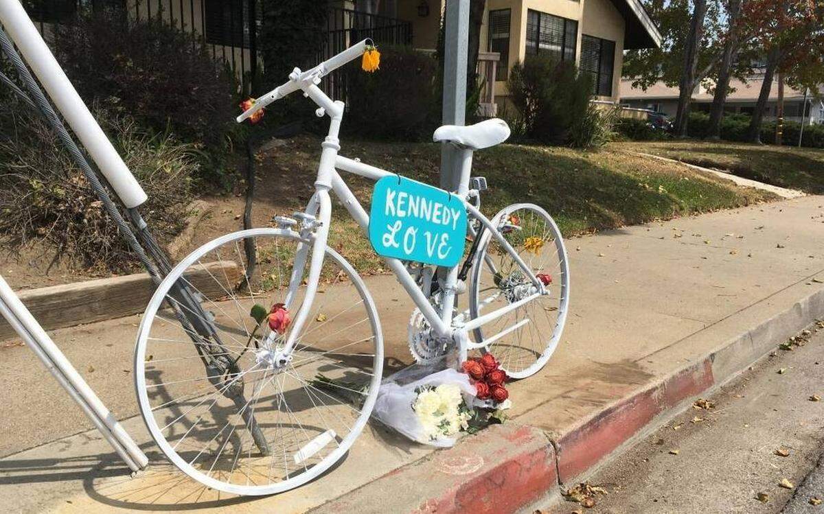 A ghost bike memorial was installed on Foothill Boulevard in San Luis Obispo in September 2017 as a tribute to Kennedy Love, a Cal Poly student who was riding his bicycle when he was struck and killed by a drunken driver.