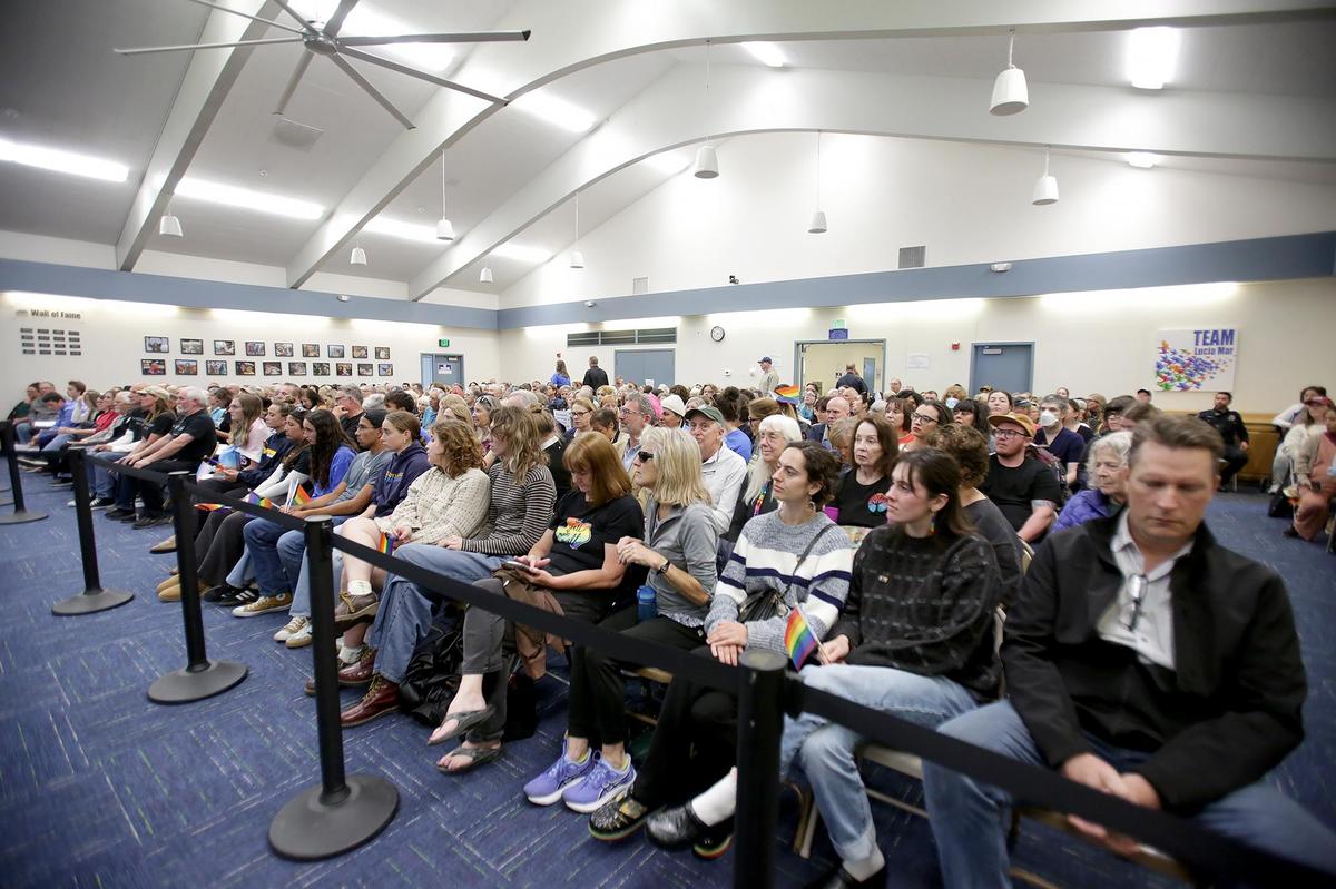 People fill the Lucia Mar Unified School District board room on May 6, 2025, as speak on the the issue of transgender students’ participation in school sports and use of the bathrooms and locker rooms that align with their gender identities.