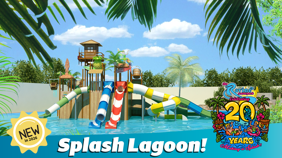 The Ravine Waterpark in Paso Robles announced new attractions coming in summer 2026, including a new “Splash Lagoon” play structure with eight colorful slides, tipping buckets, a leisure pool and cabanas, seen here in a rendering. 