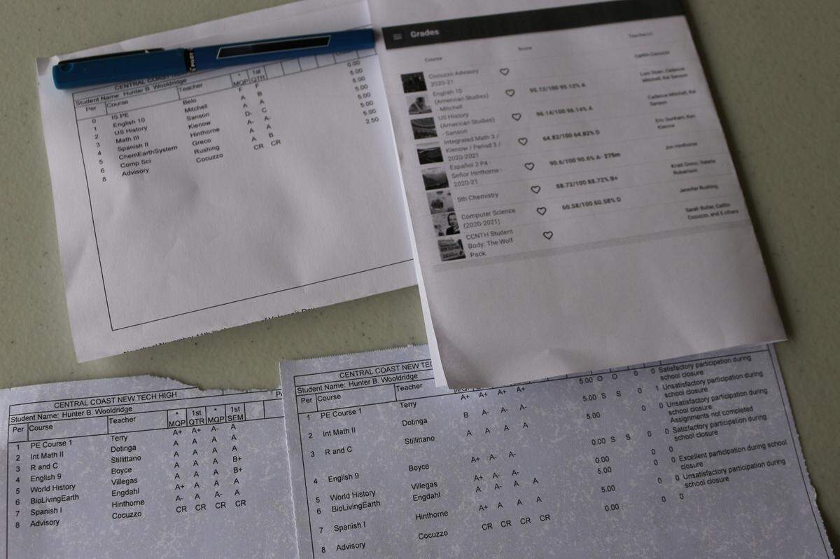 Local student Hunter Wooldridge shows transcripts from the 2019-2020 and 2020-2021 school years. Woolridge, a sophomore at Central Coast New Tech High School in Nipomo, has received failing grades, as seen in top two papers, when he typically receives straight As, as seen in bottom two papers.