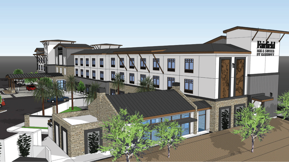 Renderings from developer Kamla Hotels and architecture firm AO show a proposed three-story, 125-room Fairfield Inn & Suites by Marriott hotel planned for construction at 400 W Branch St. in Arroyo Grande.