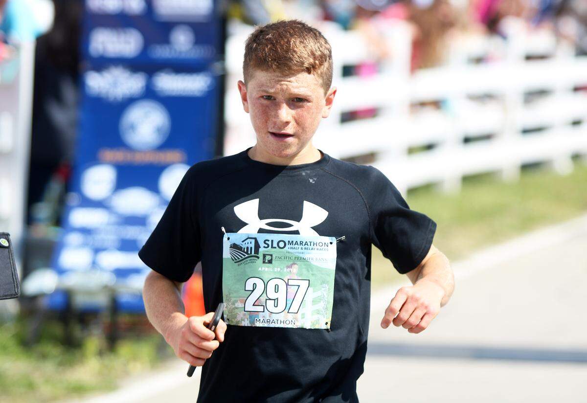 Trey Melzer, a 14 year old from Camarillo, was the youngest participant in the San Luis Obispo Marathon on Sunday, April 29, 2018. He finished in 19th place with a time of 3:17:04.