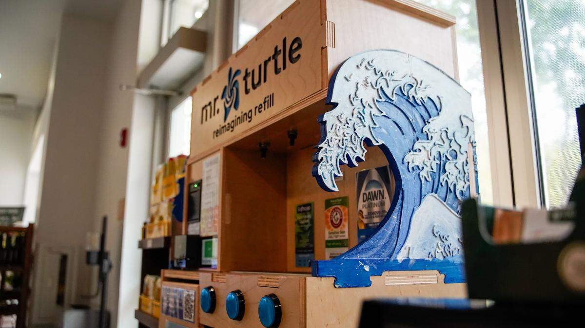 A Mr. Turtle soap refill machine at Cal Poly's Poly Canyon Village Market on Monday, March 30, 2026. The machines can refill dish soap, hand soap and laundry detergent using their own refillable containers.