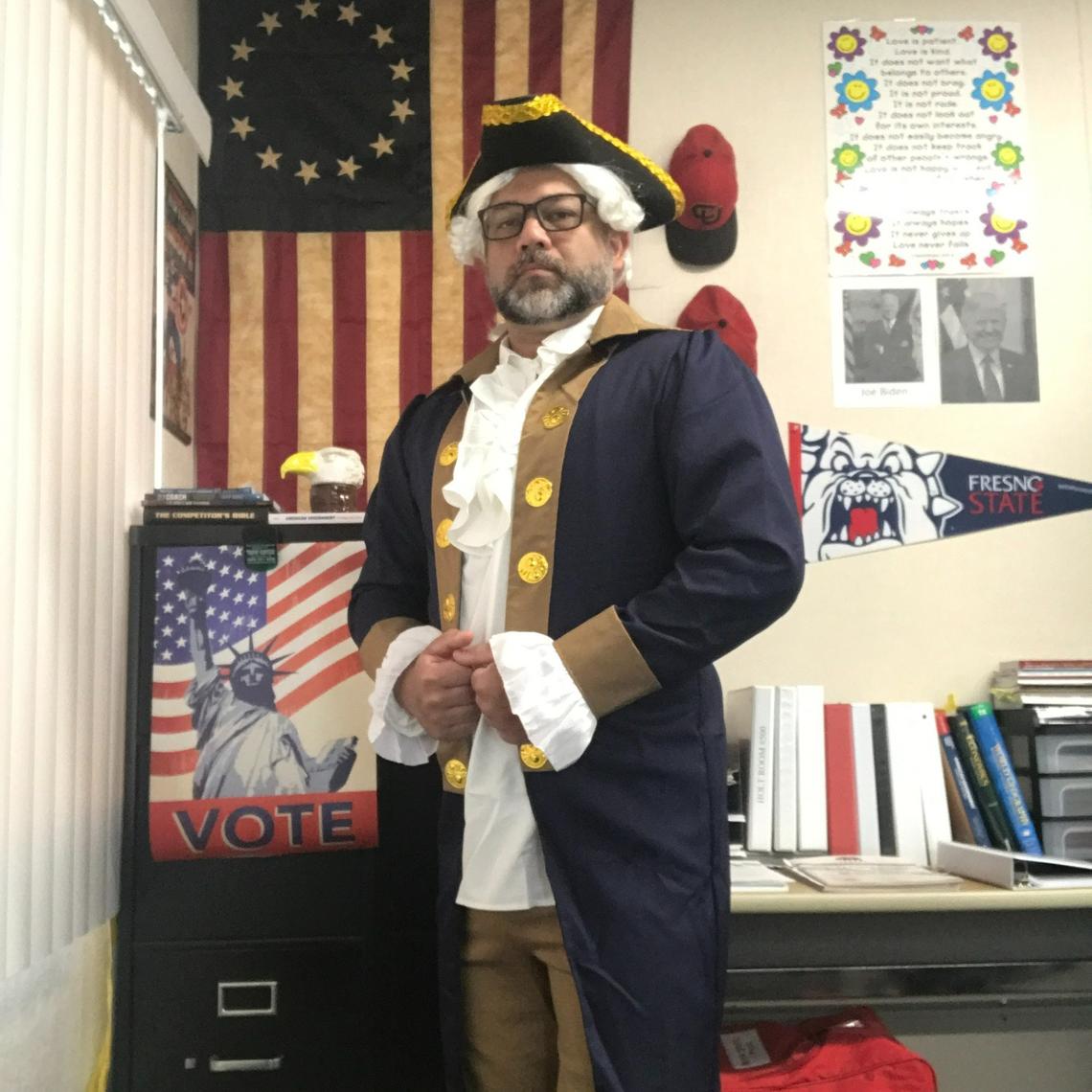 Thom Holt poses in costume during one of his social science classes at Coast Union High School in Cambria. Holt conducted a survey to see how his students were coping with the pandemic.
