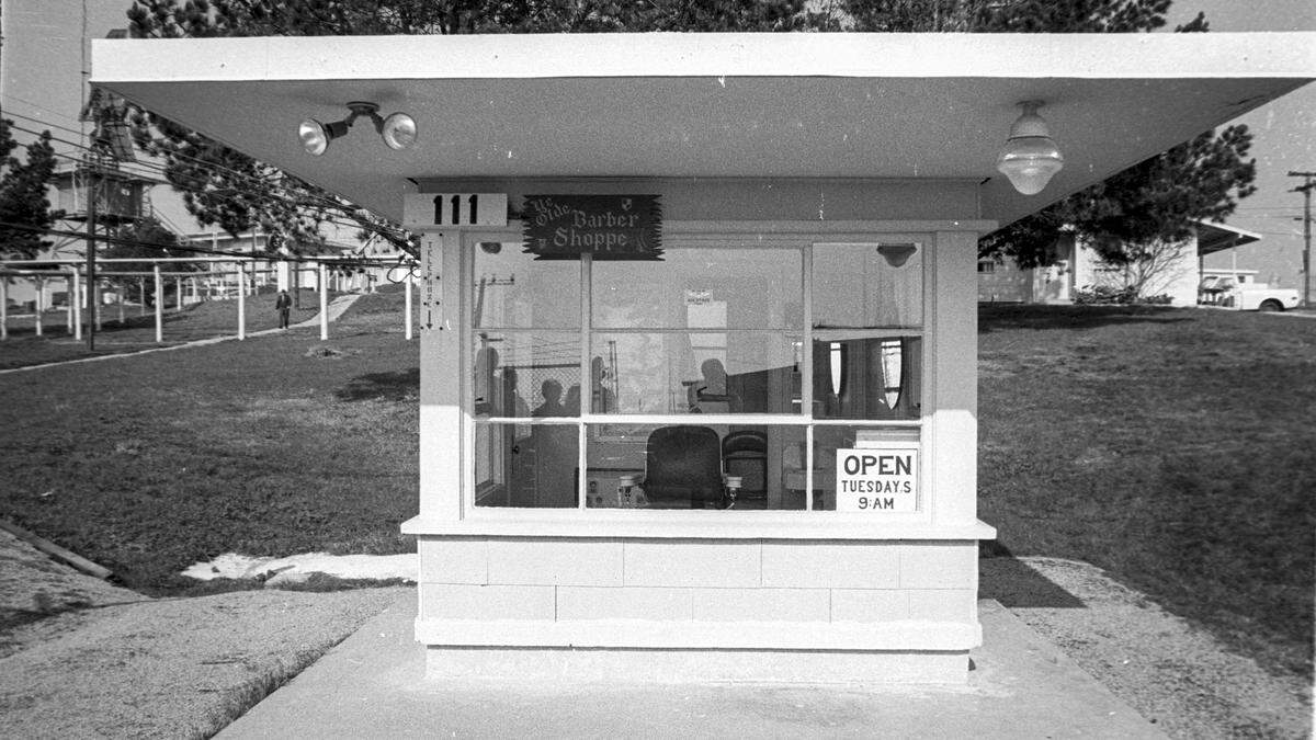 Barber shop saved a trip to town for the dozens of servicemembers living at the station. Tour of the Air Force radar station in Cambria as operations were scheduled to wind down, seen here on Jan. 24, 1979.