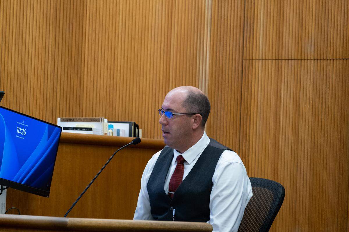 San Luis Obispo County Sheriff’s Det. James Wyatt testifies during Nate Abate’s preliminary hearing in San Luis Obispo Superior Court on Aug. 29, 2023.