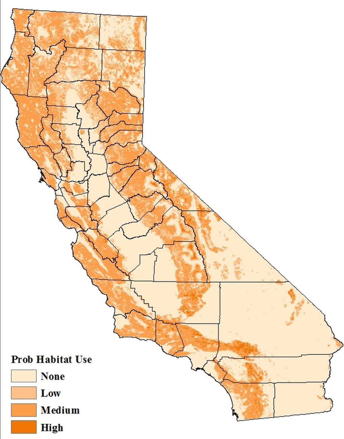 This map provided by the California Department of Fish and Wildlife represents the probability of mountain lion habitat across the state.
