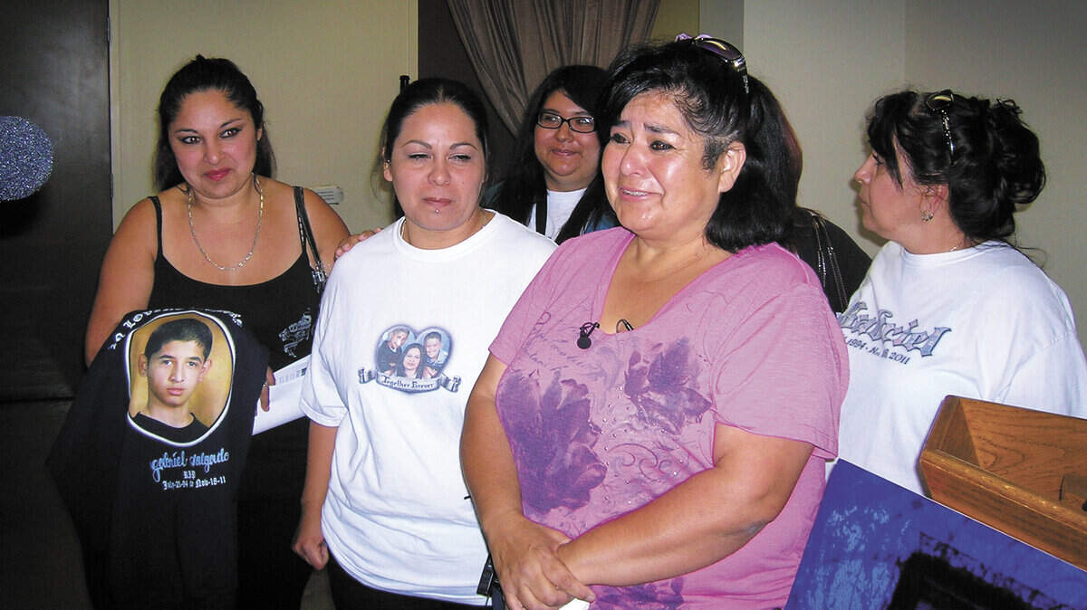 Gabriel Salgado’s family attends a news conference Friday announcing the arrest of Armando Yepez in connection with the drive-by shooting of 17-year-old Salgado in November.