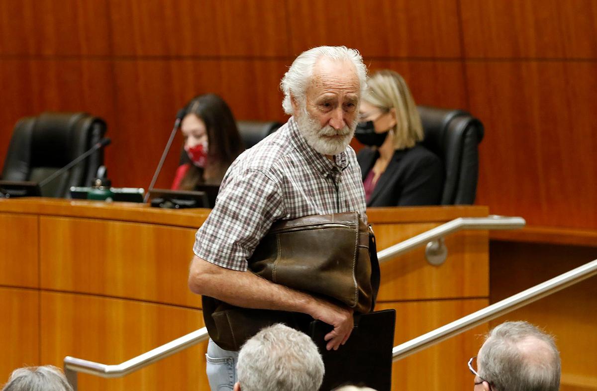 Richard Patten, author of the Patten Map, steps away from the podium after addressing the San Luis Obispo County Board of Supervisors on Tuesday, Nov. 30, 2021, as it considers the two finalist redistricting maps.