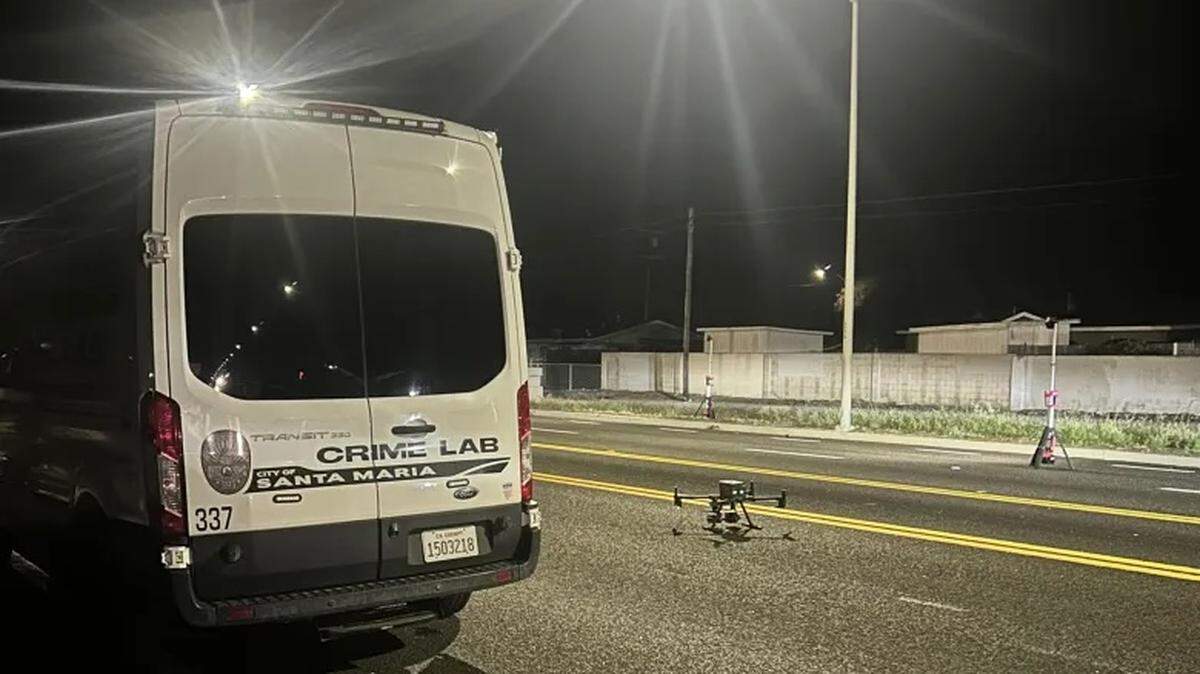 Crime-scene investigators on scene of a fatal collision Saturday night, Feb. 21, 2026, involving a pedestrian in Santa Maria. A woman from Nipomo was killed in what police said was a hit-and-run collision.
