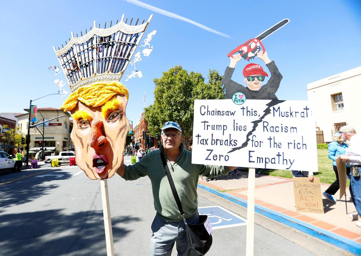 Thousands of people gather at San Luis Obispo Superior Court in California as part of the “Hands Off!” rally to protest President Donald Trump and his advisor Elon Musk.