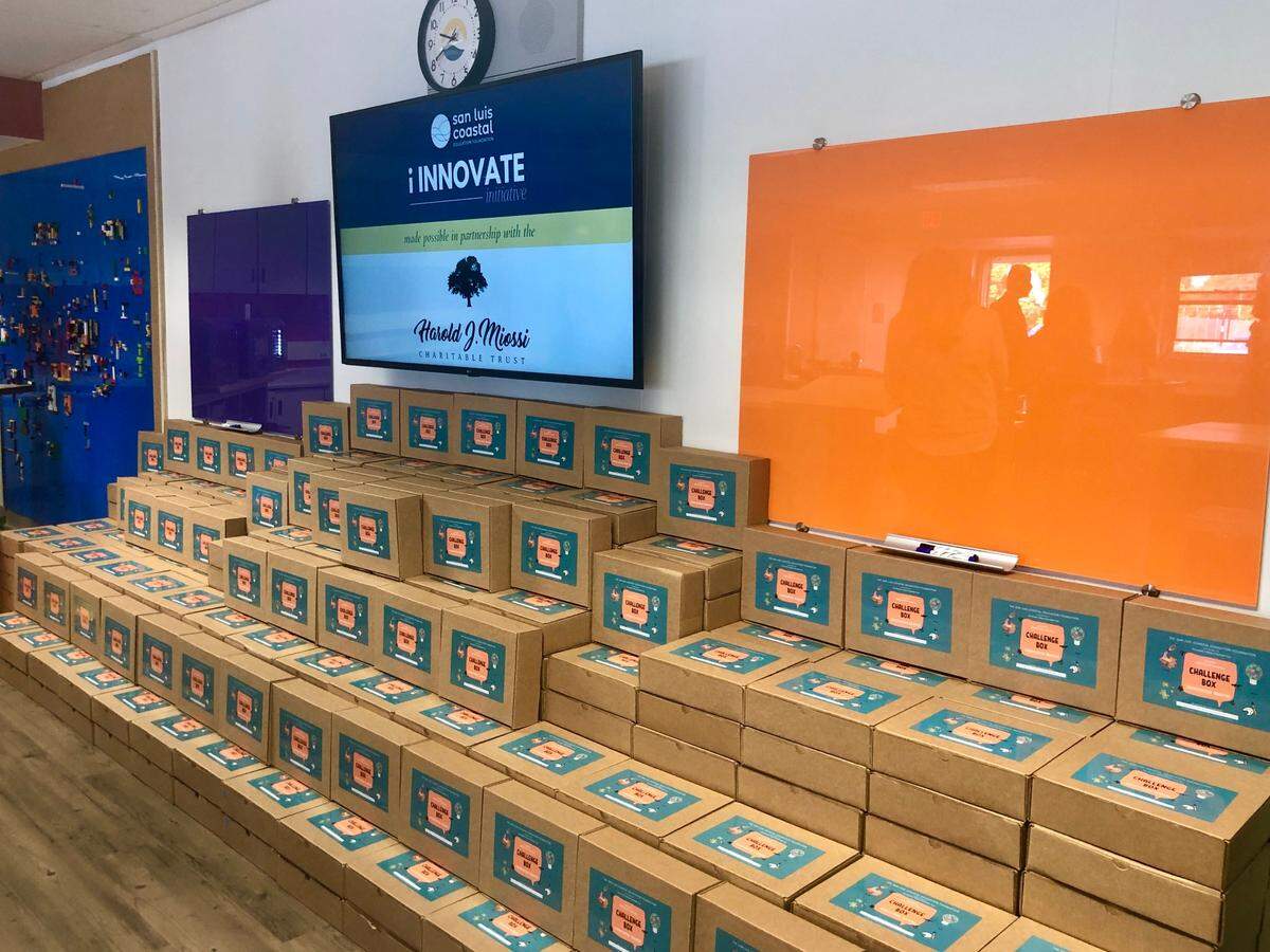 The “challenge” boxes line the floor during an event announcing a $1 million gift from the Harold J. Miossi Charitable Trust to launch San Luis Coastal Unified School District’s iInnovate Initiative on Aug. 18, 2020.