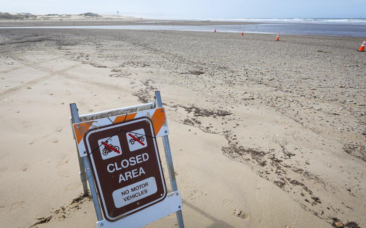 Crossing Arroyo Grande Creek near the ocean is shallow, where it fans out but the creek had cut deeply near at the the dune line so that part of the beach is closed to traffic. High flow from Arroyo Grande Creek and high tides sweeping the beach have limited access to the Oceano Dunes to day use from 7 am to 2 pm.