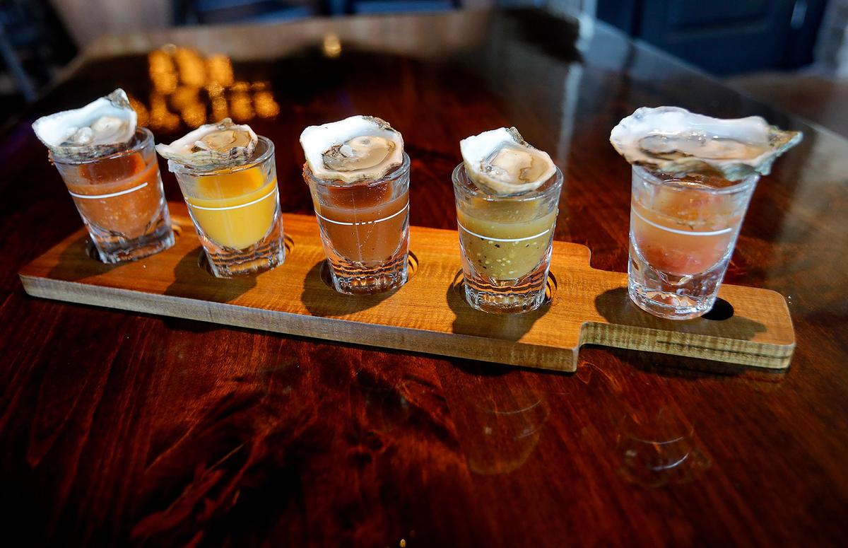 A flight of oyster shooters is among the appetizers served at Kicker’s in Morro Bay. The seafood restaurant opened at 850 Embarcadero on Friday, February 10, 2023.