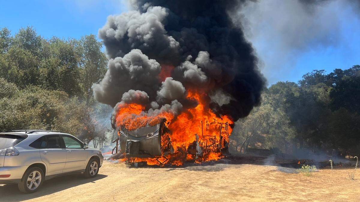 Three residents suffered minor burns and a dog died when a fire engulfed their RV on San Fernando Road in Atascadero on Aug. 13, 2022.