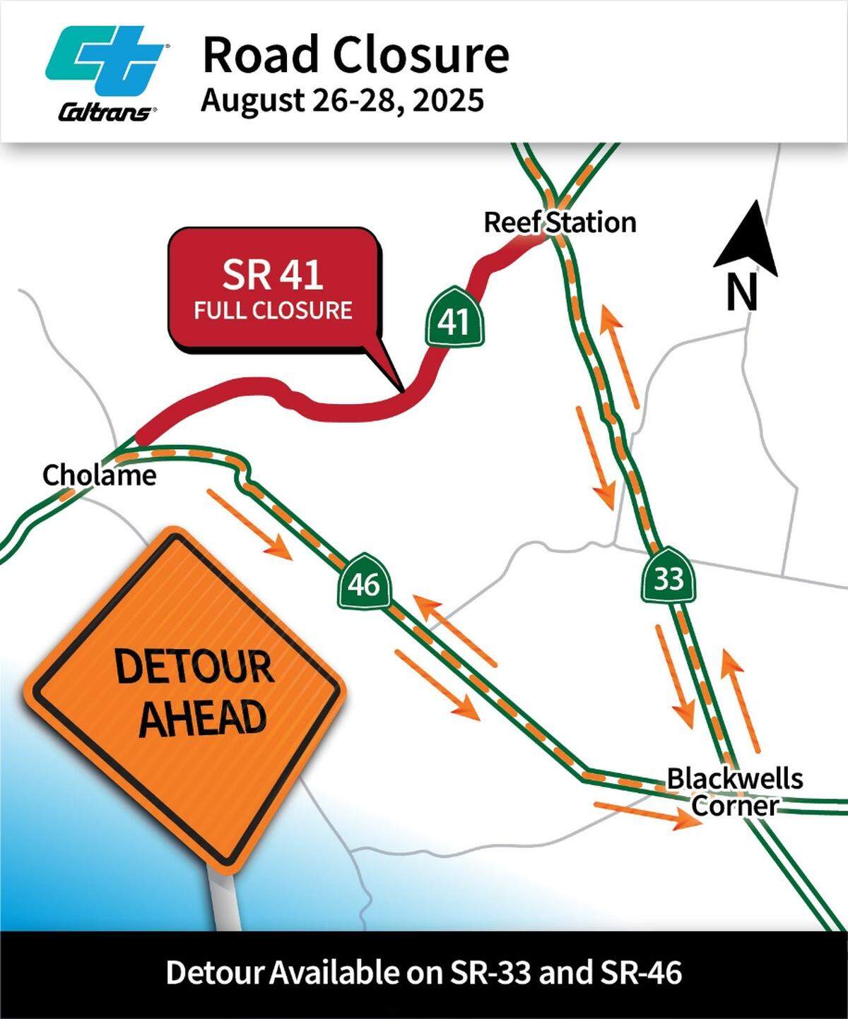 Part of Highway 41 will be closed from 6 a.m. to 8 p.m. daily from Tuesday, Aug. 26, through Thursday, Aug. 28, Caltrans said in a news release.