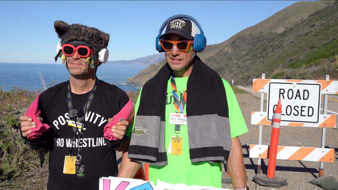 “Krazy Club” founder Benjamin “Head Krazy” Harkema and chief financial officer Gabriel “DJ Gizmo” Coda were the first to pass through the reopened Highway 1 at Regent's Slide on Wednesday, Jan. 14, 2026. The social club members said they were excited to have access to one of California's greatest scenic resources again.