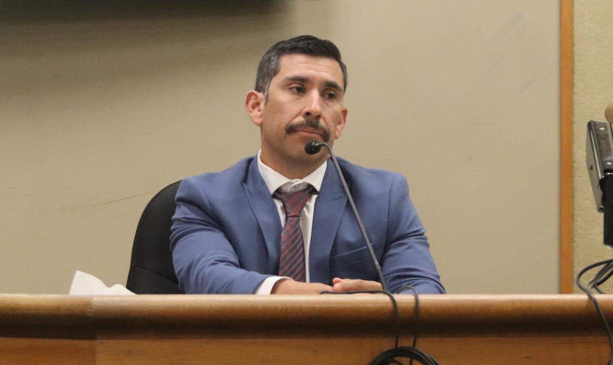 Atascadero Police Officer Samuel Rodriguez, seen here in court on April 2, 2026, testified in the preliminary hearing of Giovanni DeGarimore, owner of Giovanni’s Fish Market in Morro Bay, who will face trial for multiple felony charges including the possession of child pornography and illegal guns.