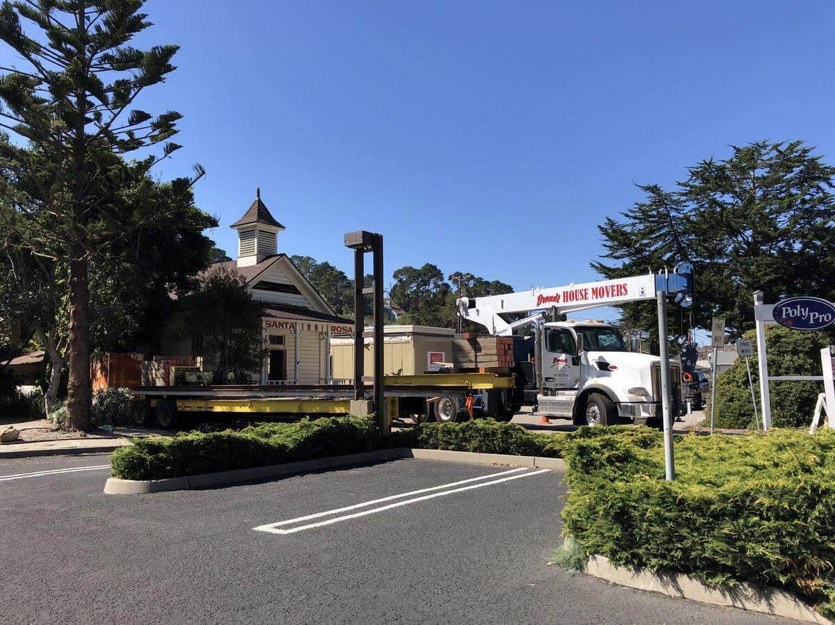 Crews prepare to move the historic Old Santa Rosa Schoolhouse in Cambria to a new location.