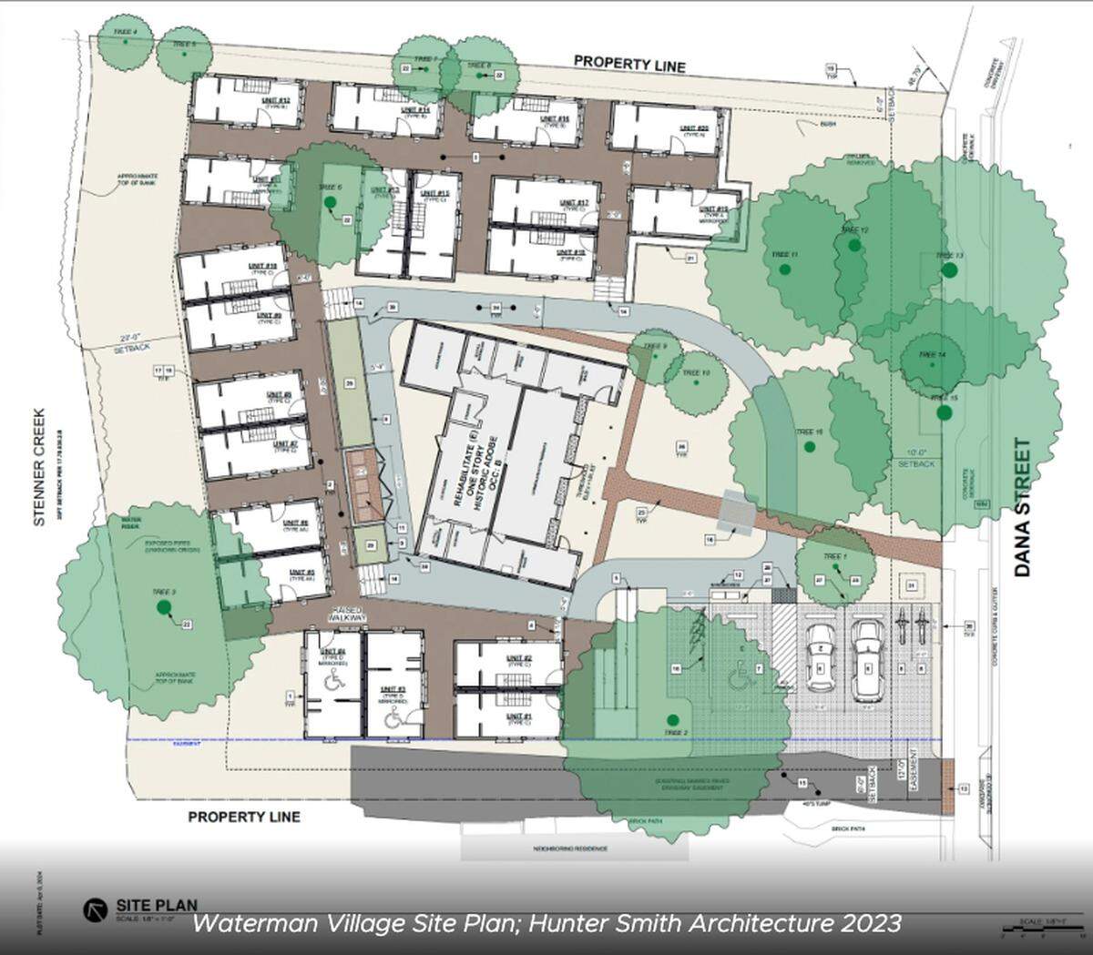 The Rosa Butrón de Canet Adobe at 466 Dana St. was selected as the project site for a 20-unit affordable housing project site known as Waterman Village. Under the Waterman Village plan, the adobe would be preserved in the middle of the property and surrounded by tiny homes on three sides.