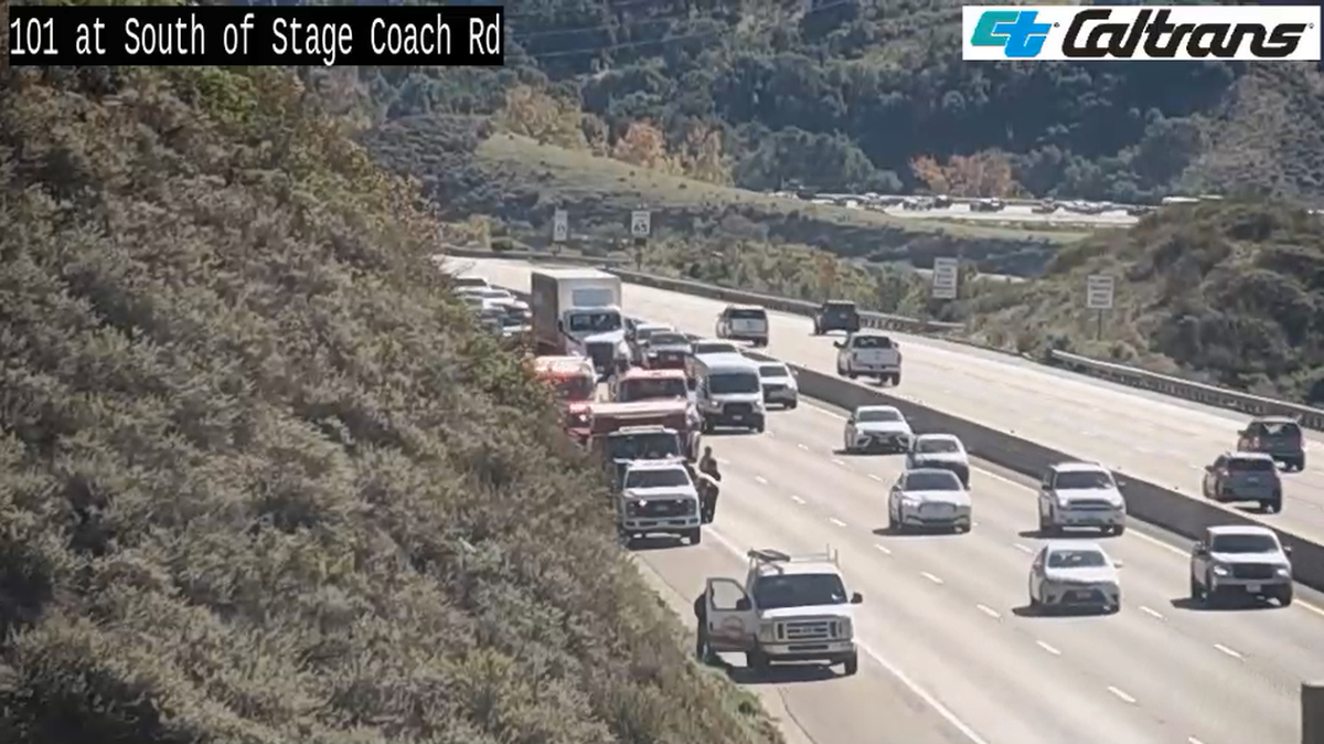 A van fire briefly shut down several lanes of northbound Highway 101 over the Cuesta Grade on Dec. 8, 2025.