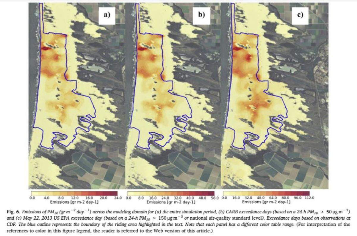 A computer model developed in 2013 shows where the most PM10 emissive areas are in the Oceano Dunes.