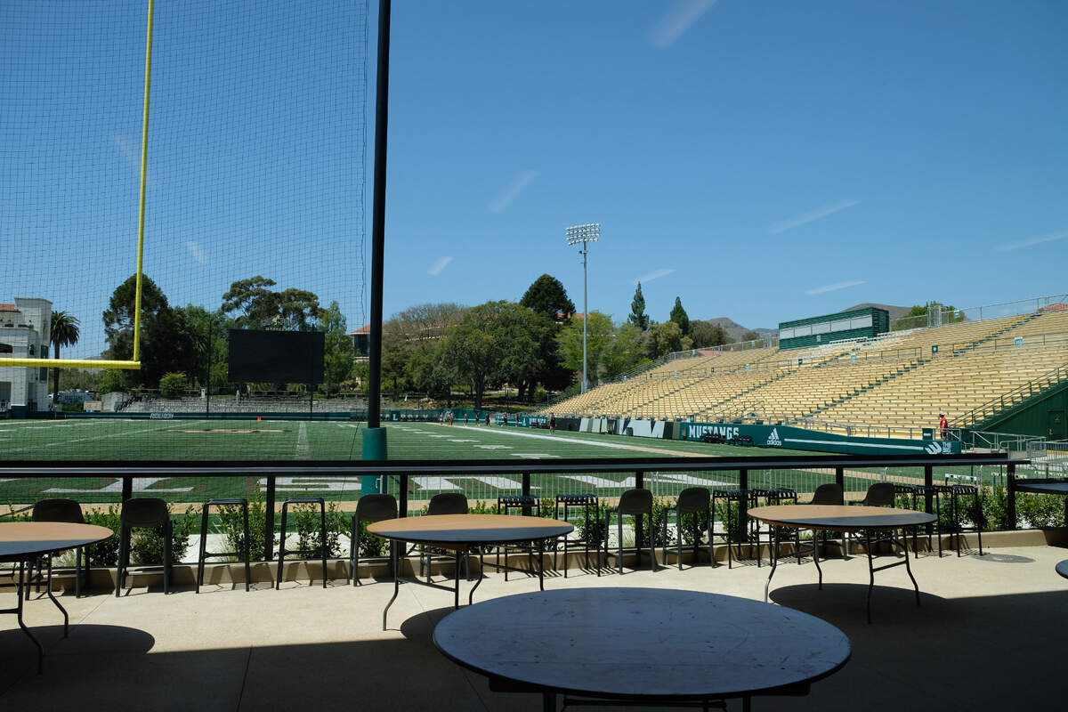 Cal Poly’s newly unveiled John Madden Football Center features a view of Spanos Stadium from the south side end zone, seen here from the building’s ground floor on June 5, 2026.