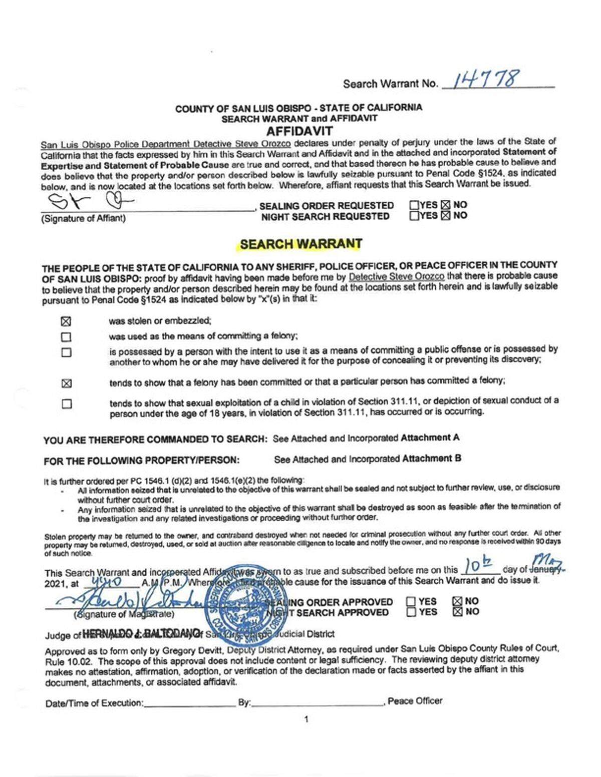 The first page of the search warrant San Luis Obispo police officers attempted to carry out at the residence of Edward Giron. In the attempt on May 10, 2021, Det. Luca Benedetti was killed and Det. Steve Orozco was injured. Giron was also killed during the shootout.