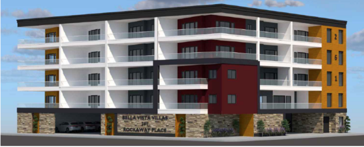 Concept art shows design plans for a five-story mixed-use project consisting of 900 square feet of commercial space and 20 residential condominiums at 261 Rockaway Ave.