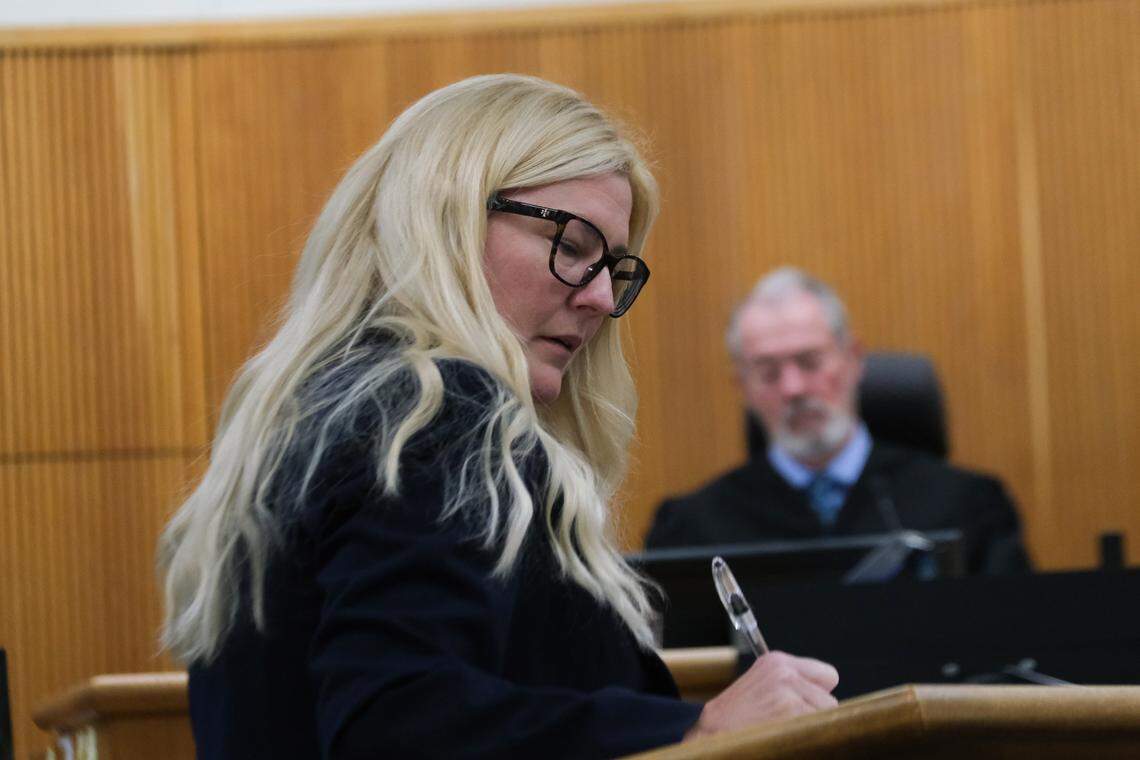 San Luis Obispo County Deputy District Attorney Kimberly Dittrich questions a witness during Nate Abate’s rape trial in San Luis Obispo Superior Court on Oct. 7, 2024. Abate is charged with felony oral copulation of a minor, two felony counts of forcible rape and rape of an intoxicated person.