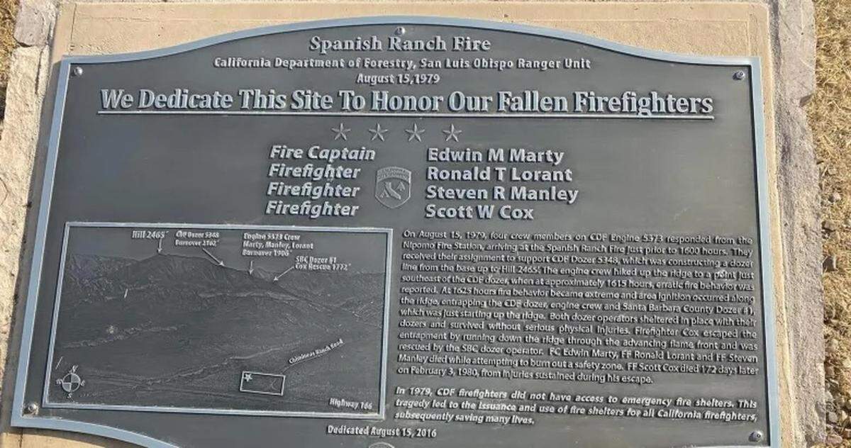 The memorial at the site of the 1979 Spanish Ranch Fire in San Luis Obispo County. A strike team made up of firefighters from the Sacramento area on the Central Coast for the Gifford Fire paused to spruce up a memorial for the four men killed in the fire.