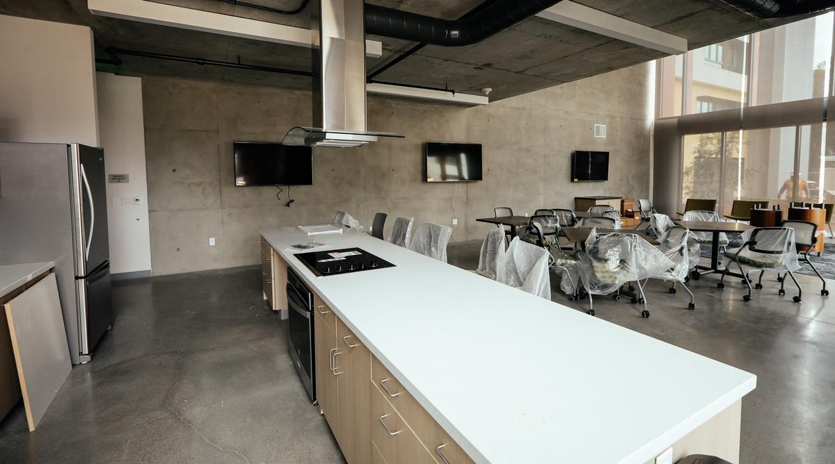 Each of the buildings at Cal Poly’s new first-year housing community feature community rooms with full kitchens.