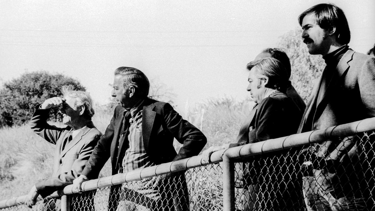 After flooding earlier in the month the San Luis Obispo City Council took a tour of creek work Jan. 26, 1973. Councilman Myron Graham, Mayor Kenneth Schwartz, David Romero and Councilman Keith Gurnee.