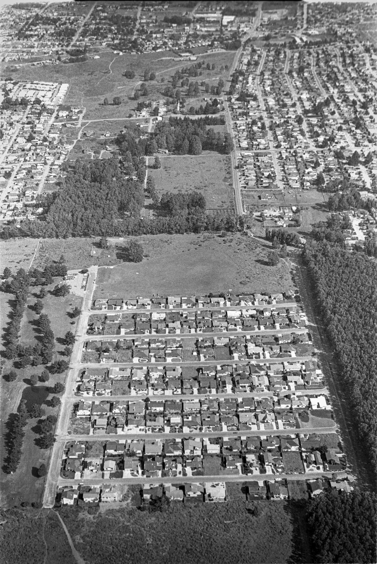 Aerial view of Los Osos, Sea Pines Golf Resort at lower left edge. Monarch Grove Elementary School had not yet been built. Reporter Brooks Townes took a flight over coastal areas from Morro Bay to Avila Beach on Feb. 22, 1984.