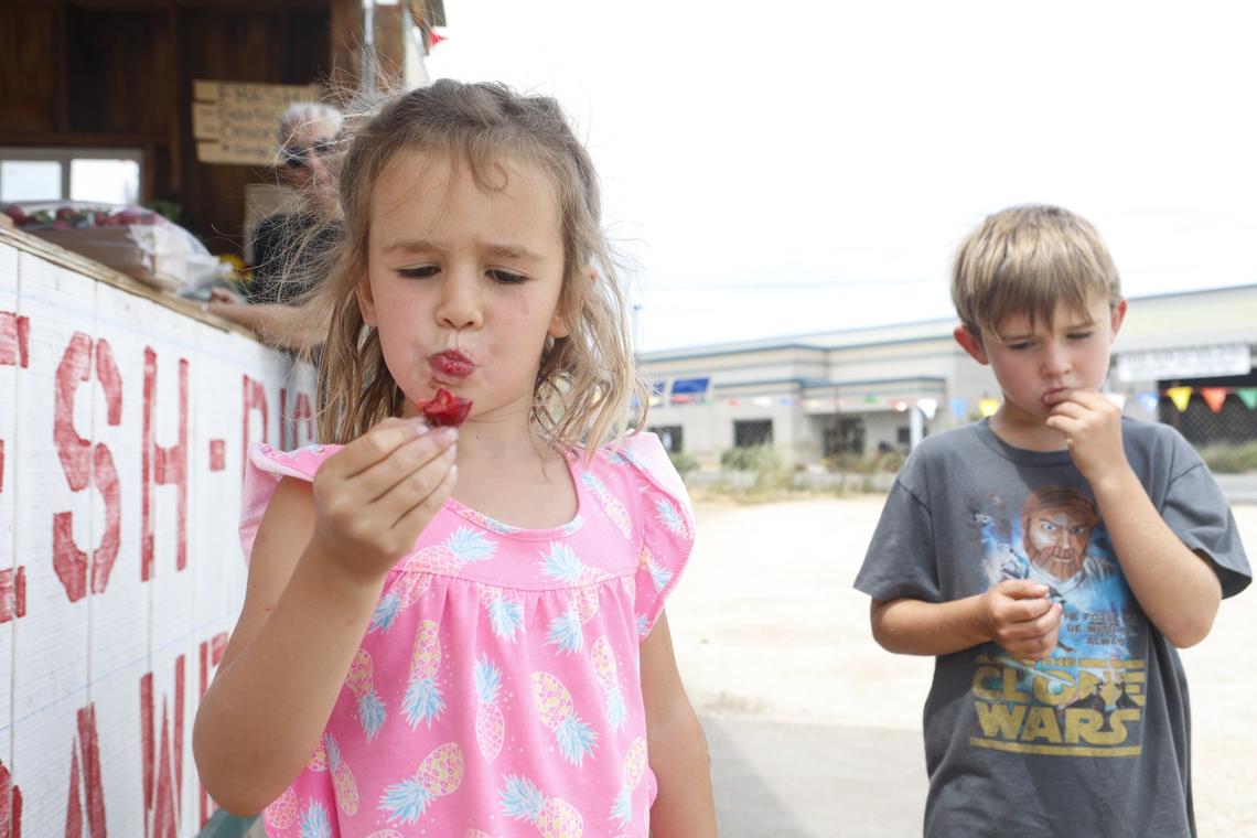 Tegan Dunn, 5, left and brother McCoy, 6, enjoy fresh cherries from Meui Saelee and Chan Chao's farm stand in Paso Robles. They relocated their family produce stand to Union Road after the county shut down a former location.