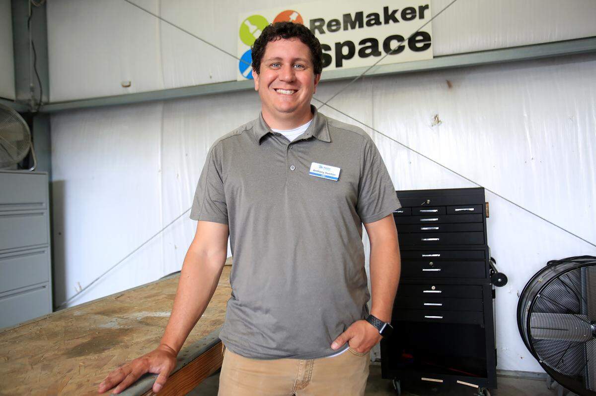 Anthony Overston, the CEO of Habitat for Humanity SLO County, poses in the new shop. The new ReMaker Space will feature a fully equipped workshop with both hand and power tools.