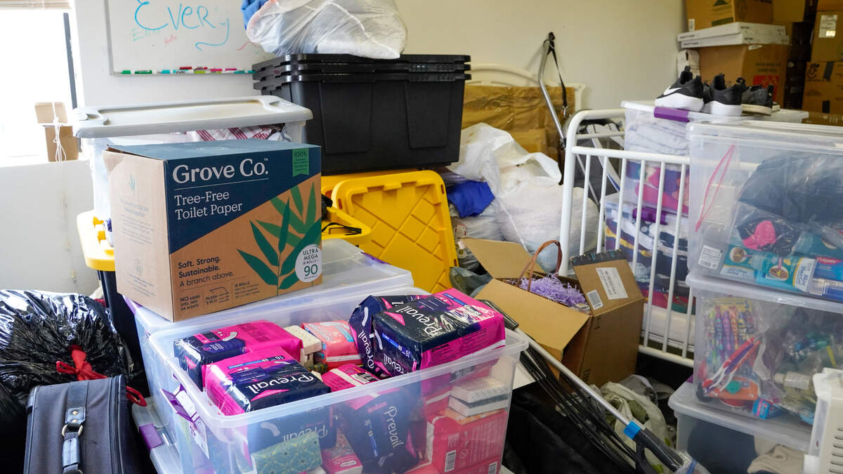 Donated goods sit in First Baptist Nipomo’s storage shed prior to an outreach and donation event. First Baptist Nipomo conducts monthly outreach and donation efforts with South County’s homeless population, where unhoused residents can stock up on clothing and other essentials.