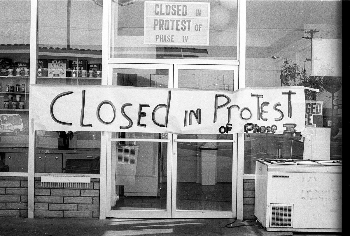 San Luis Obispo gas stations close and boycott sales in protest of Richard Nixon’s Phase IV restrictions that prevented them from raising prices even when their price to buy wholesale gas was rising Sept. 19, 1973.