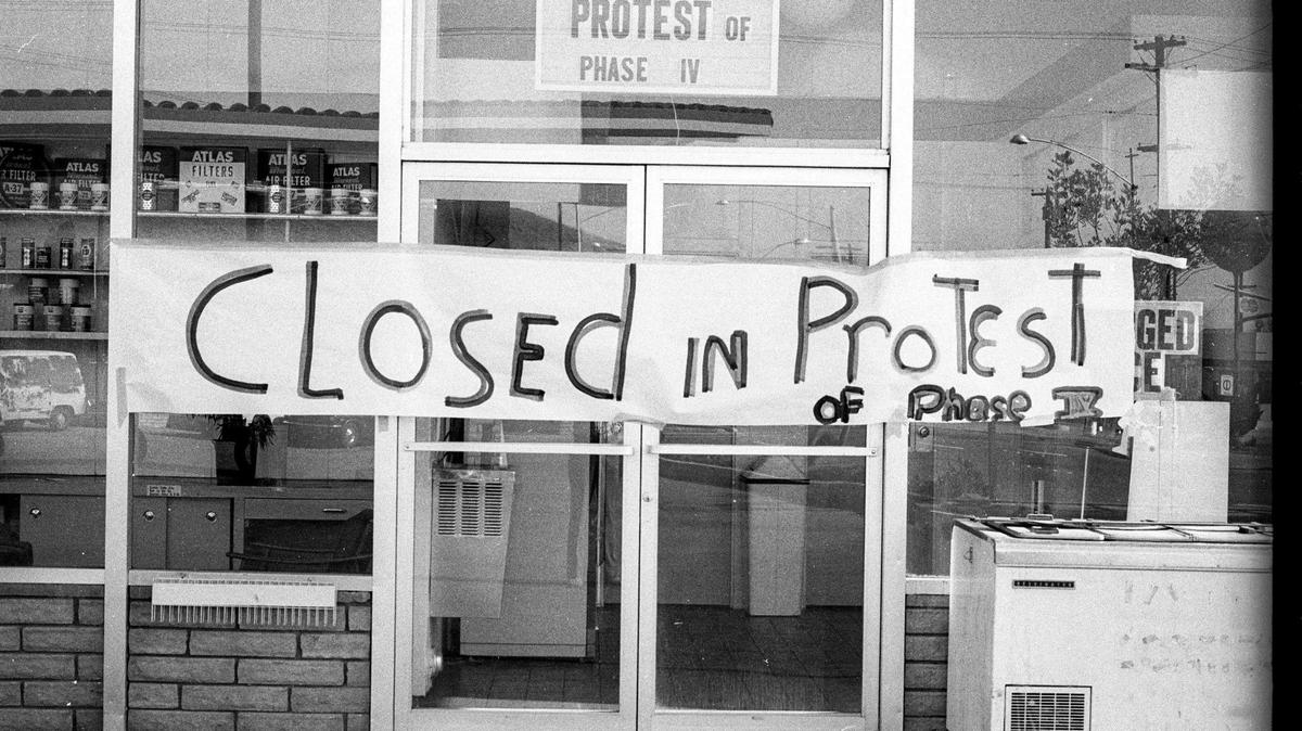 San Luis Obispo gas stations close and boycott sales in protest of Richard Nixon’s Phase IV restrictions that prevented them from raising prices even when their price to buy wholesale gas was rising Sept. 19, 1973.