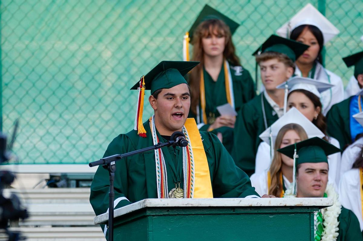 Templeton High School salutatorian Brodie Rossel delivers an address to the Class of 2025 at Volunteer Stadium on Thursday, June 5, 2025.