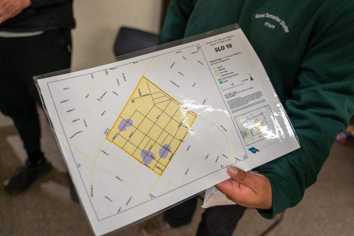 Point-In-Time Count volunteer and Good Samaritan Shelter staffer Jesus Cortes shows a map of his group’s patrol area in San Luis Obispo on Tuesday, Jan. 27, 2026. The PIT Count is held every other year, and relies on networks of volunteers who count and survey as many homeless individuals as possible.